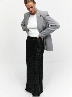 Black Sequin High Waist Party Y2K Aesthetic Maxi Skirt Size Small/Medium